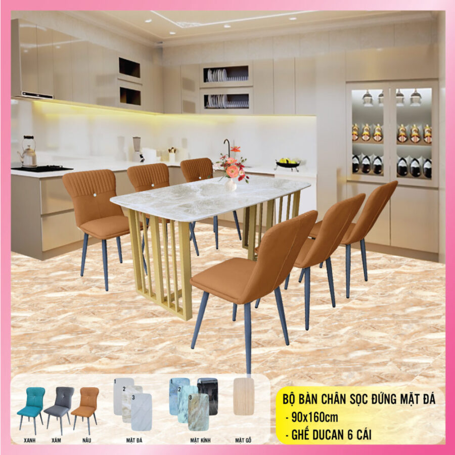 Bàn ăn chân sọc đứng 90x160, 90x180