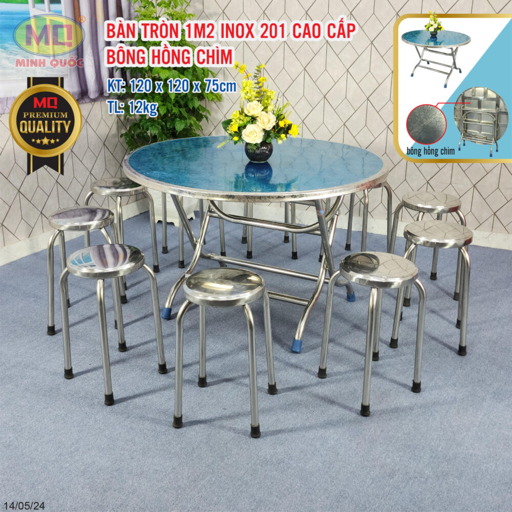 BÀN TRÒN 1M2 INOX 201 CAO CẤP - BÔNG HỒNG CHÌM