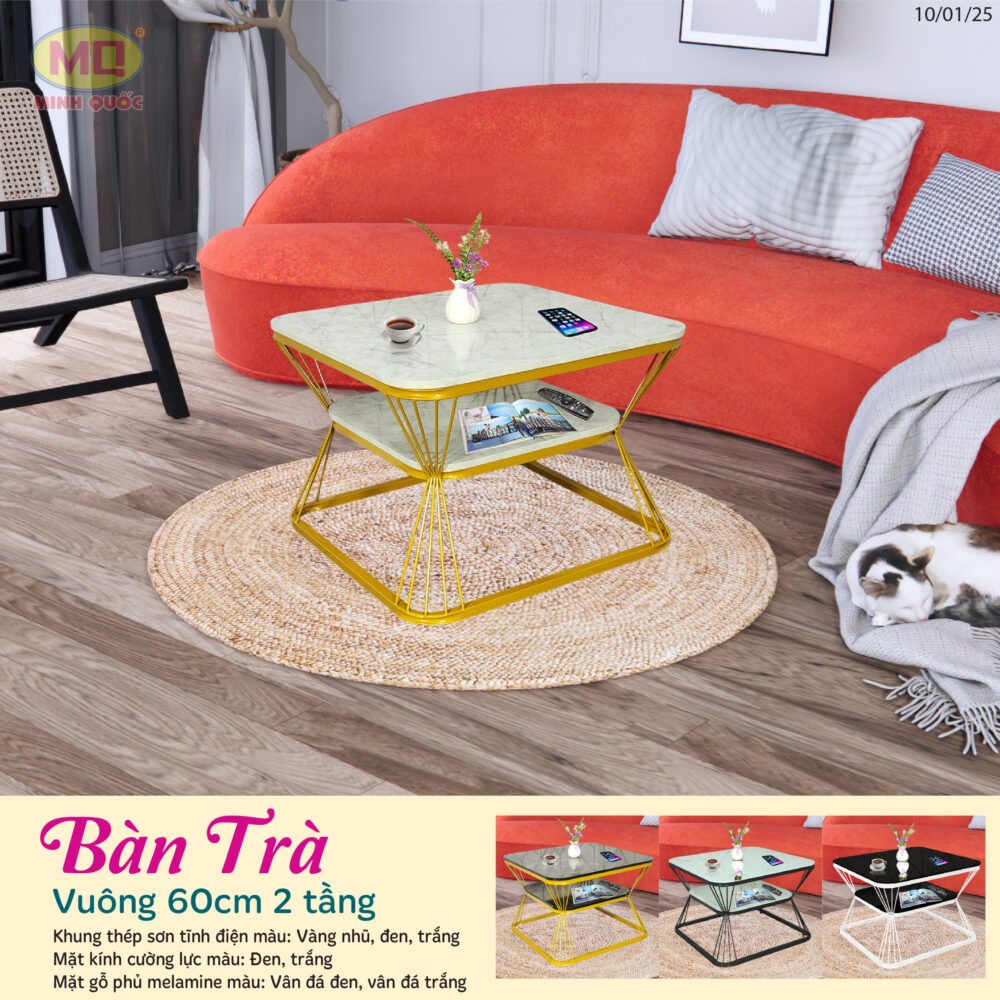 Bàn trà vuông 60cm 2 tầng