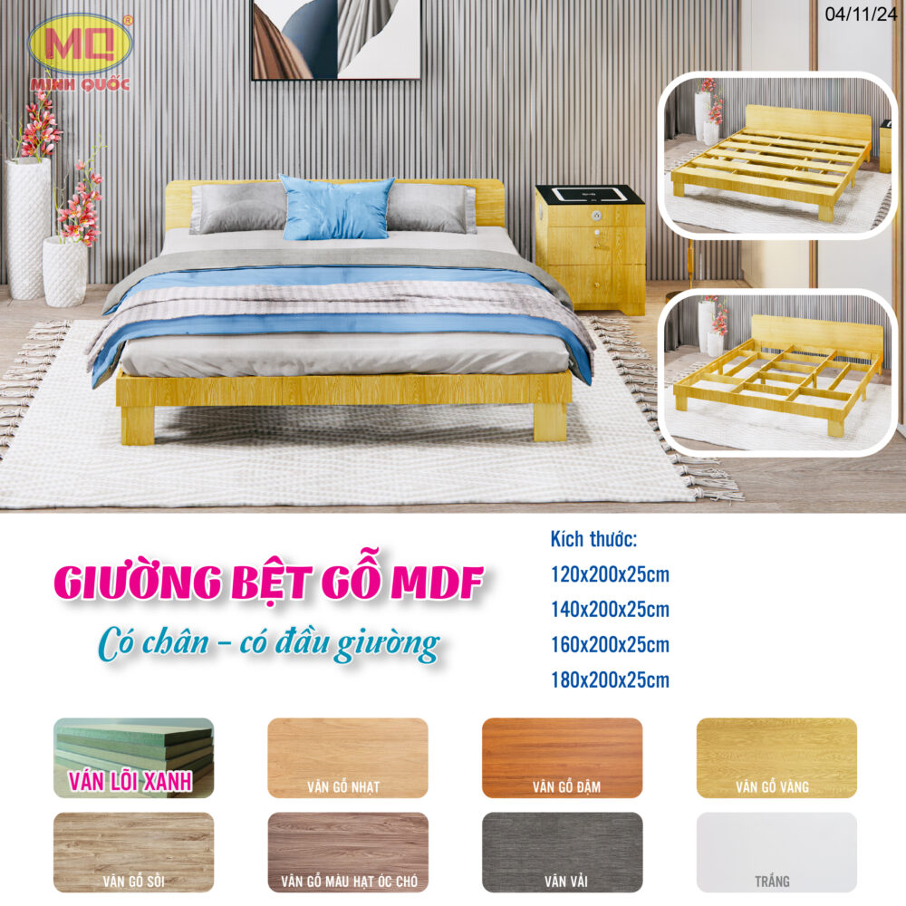 Giường bệt gỗ MDF – Có chân, có đầu giường