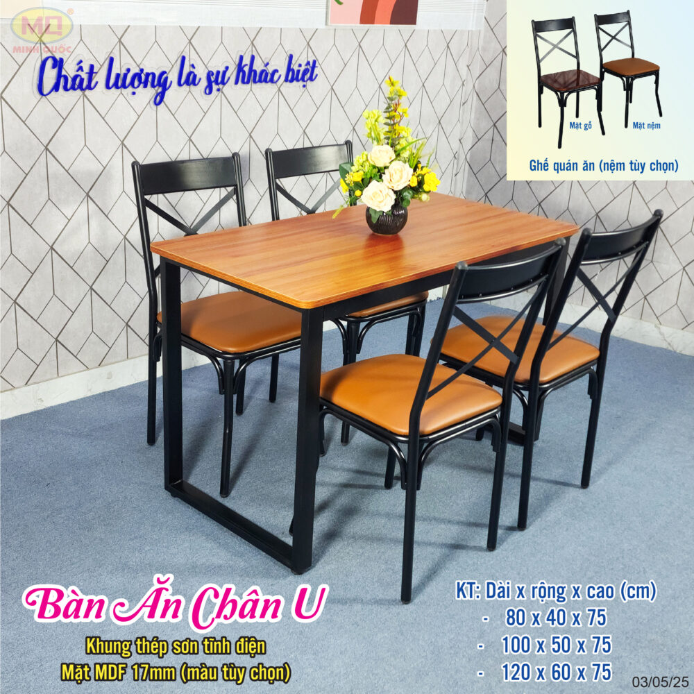 Bàn ăn chân U mặt MDF ghế quán ăn 50×100, 60×120