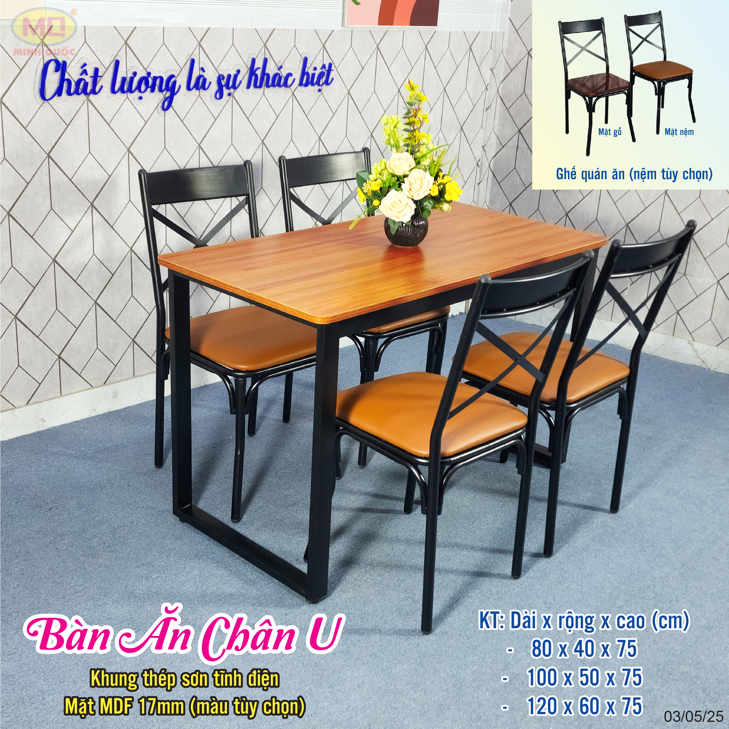 Bàn ăn chân U mặt MDF ghế quán ăn 50×100, 60×120