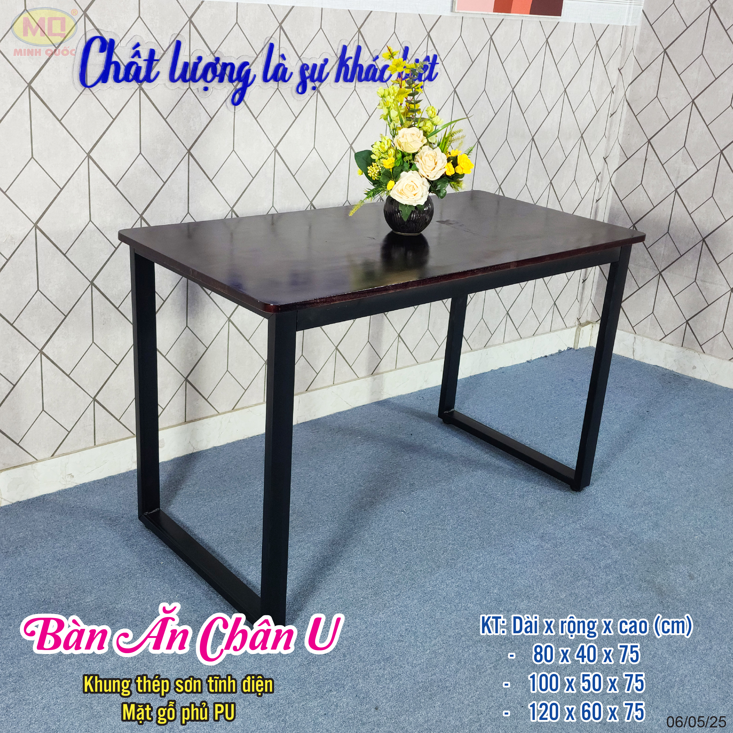 Bàn ăn chân U mặt gỗ pủ PU ghế quán ăn 50×100, 60×120