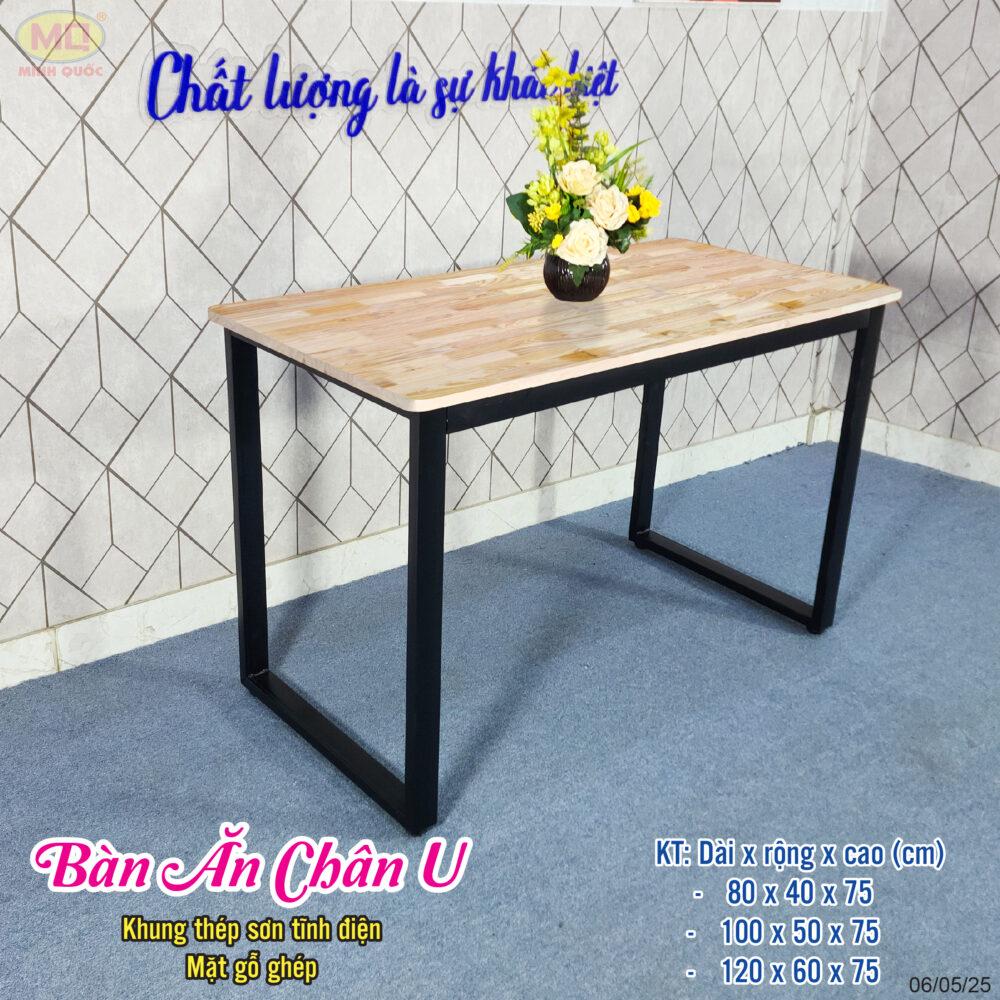 Bàn ăn chân U mặt gỗ ghép ghế quán ăn 50×100, 60×120