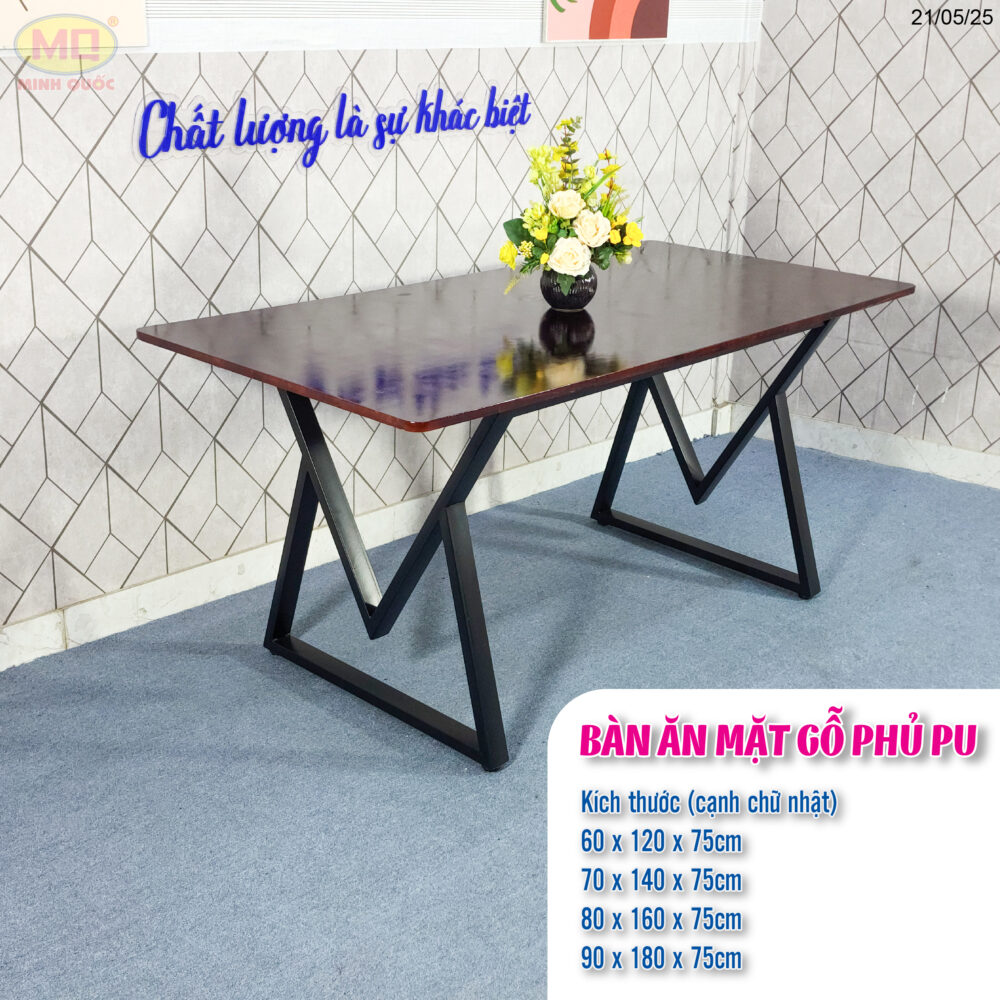 Bàn ăn mặt gỗ sơn PU - chân M, ghế sự kiện, ghế quán ăn - 70x120, 80x140, 90x160, 90x180