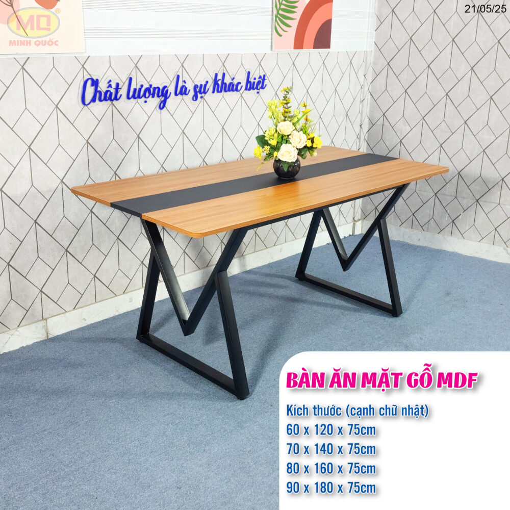 Bàn ăn mặt gỗ MDF - chân M, ghế sự kiện, ghế quán ăn - 70x120, 80x140, 90x160, 90x180