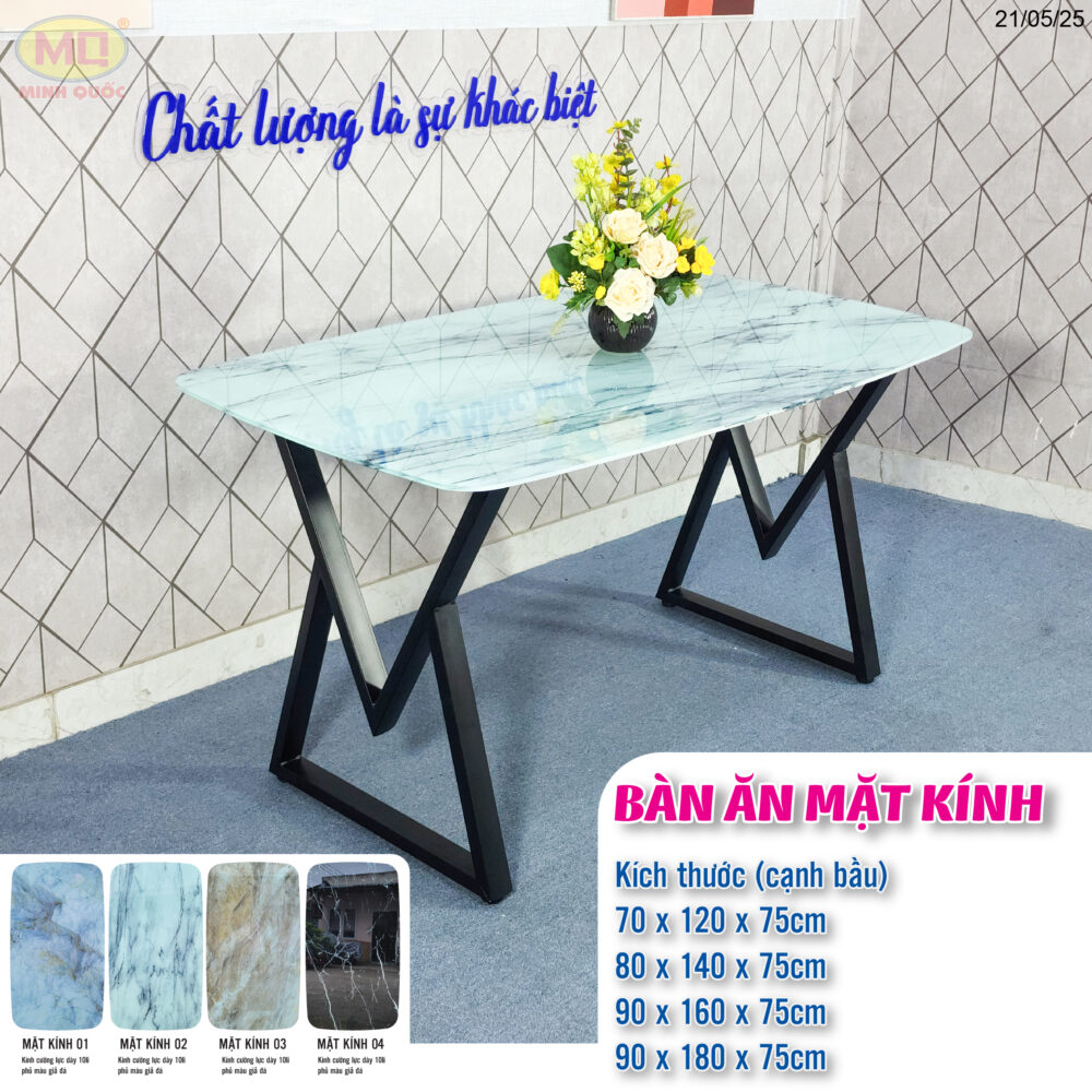 Bàn ăn mặt kính – chân M, ghế sự kiện, ghế quán ăn – 70×120, 80×140, 90×160, 90×180
